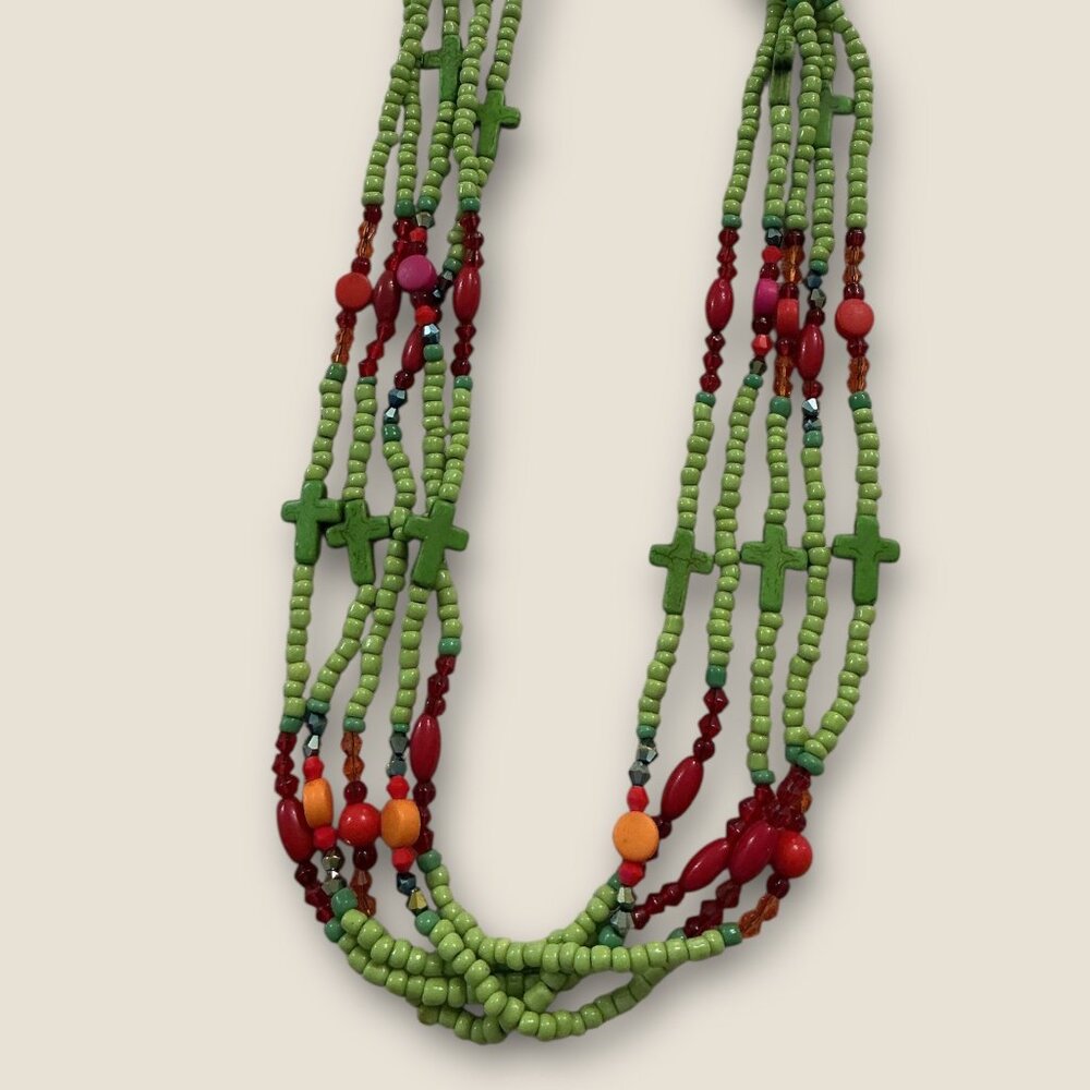Vintage 5 Strand Beaded Cross Necklace Boho Western Style 22-25 Inches Multicolo